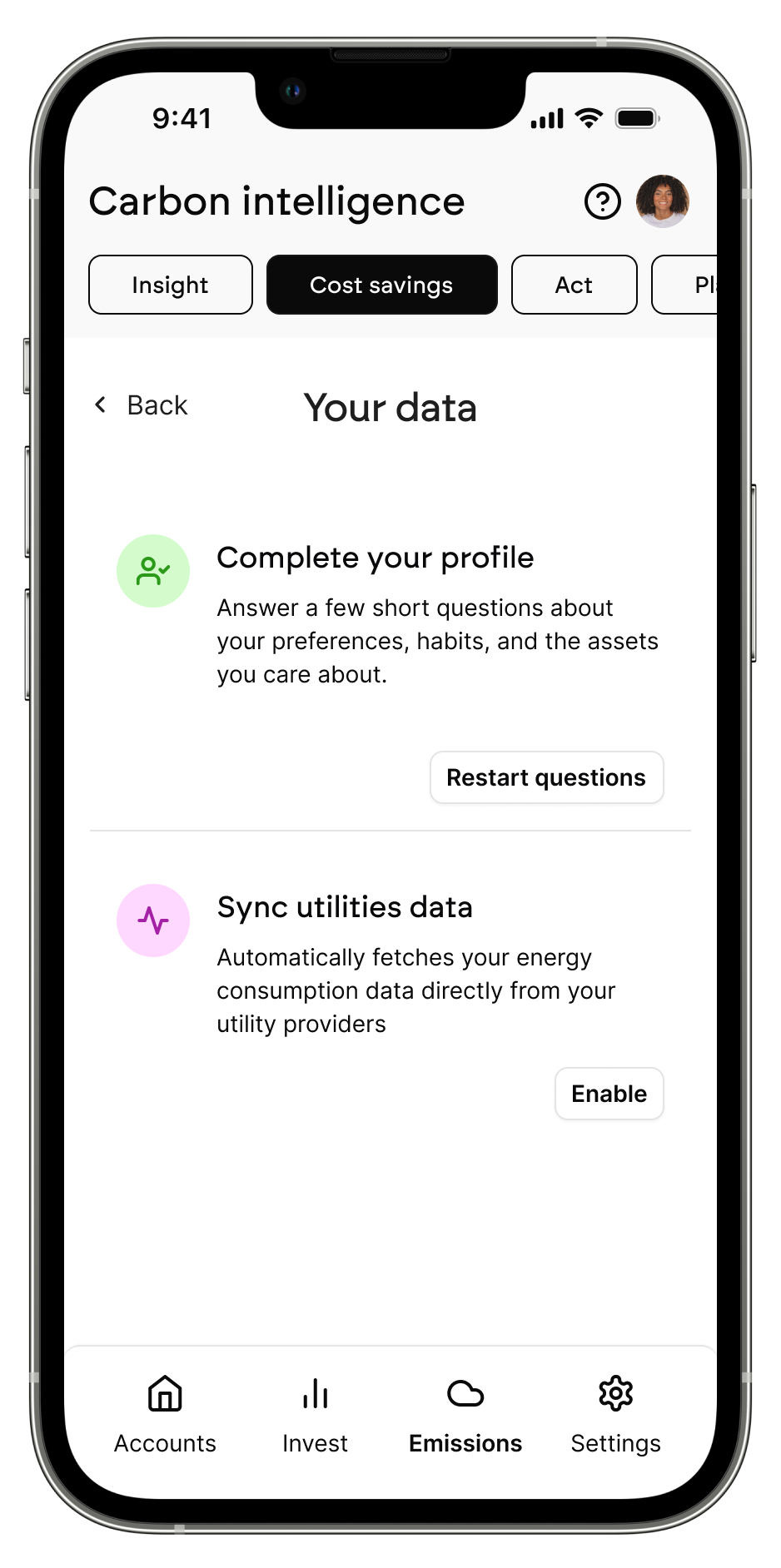 Carbon Intelligence mobile interface showing data collection and profile completion
